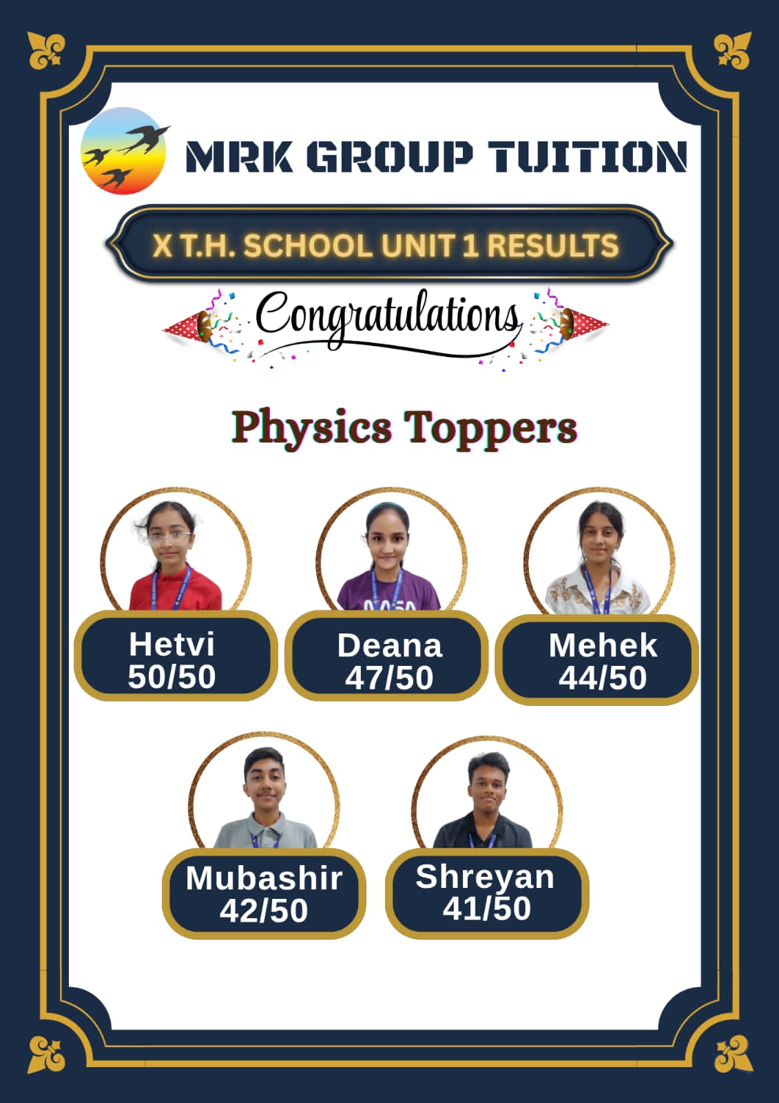 X T.H. SCHOOL UNIT 1 RESULTS Physics Toppers