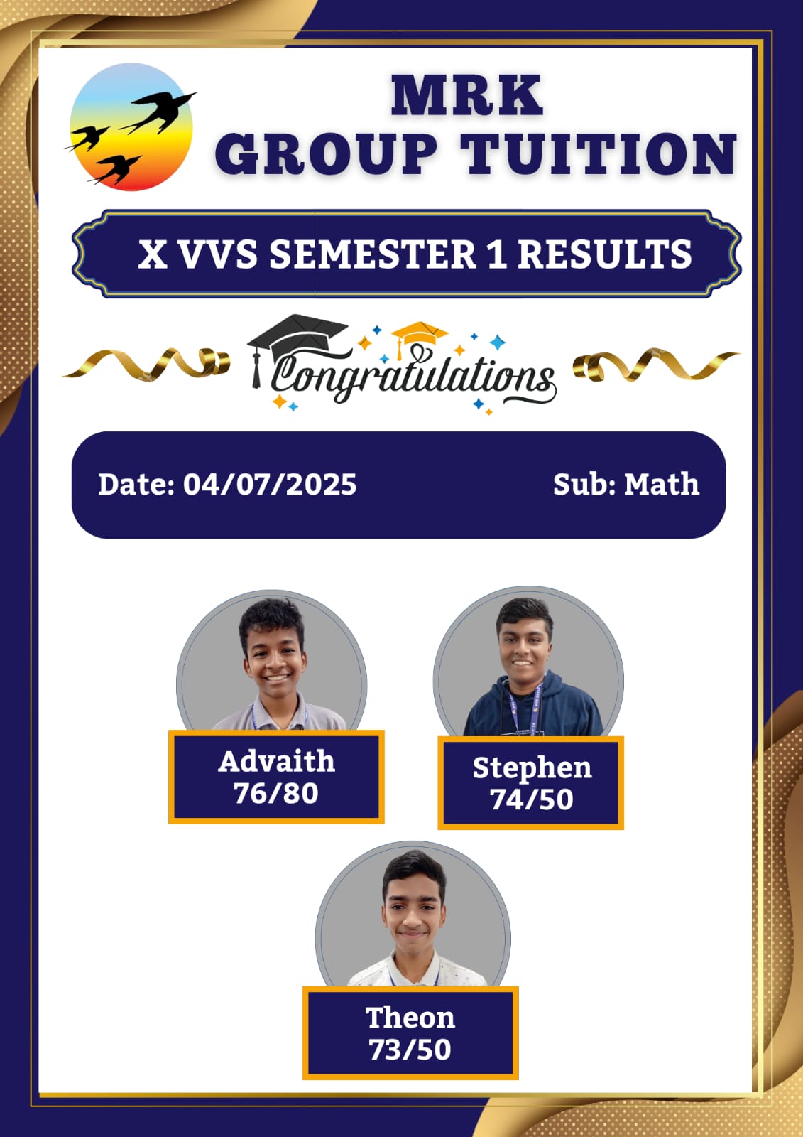 X VVS SEMESTER 1 RESULTS