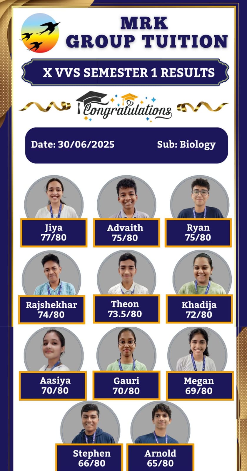 X VVS SEMESTER 1 RESULTS