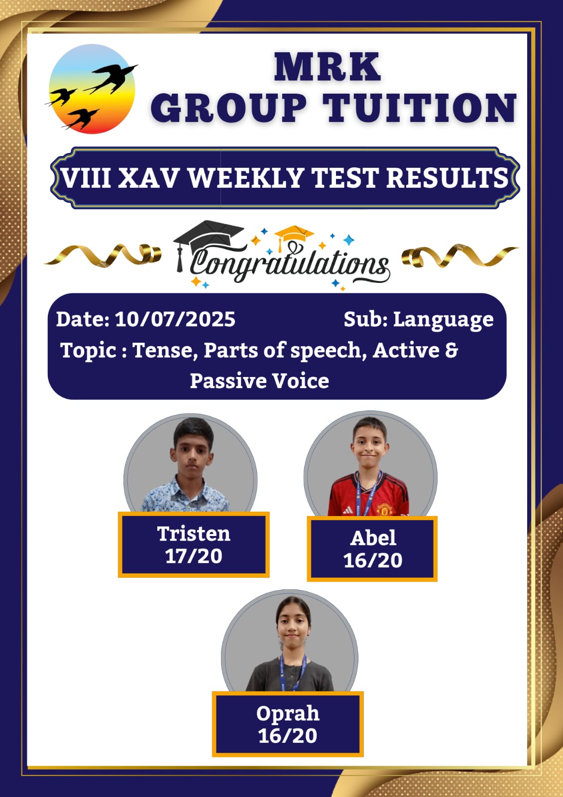 VIII XAV WEEKLY TEST RESULTS